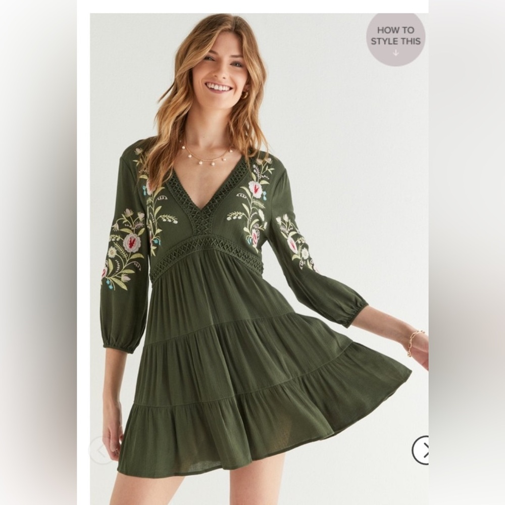 Dark Green Embroidered V-Neck Dress